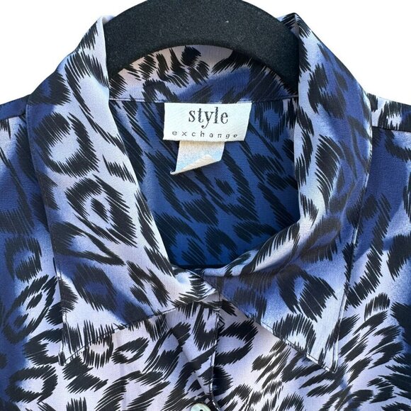 Style Exchange Vintage 90s Womens Blue Black Leopard Print Button-Down Blouse M - Picture 3 of 11
